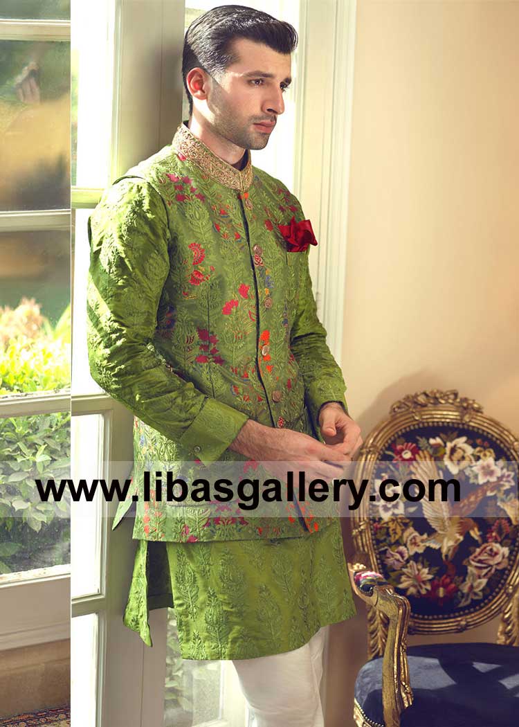 Smart Grassy Green embroidered Waist Coat for Mehndi Event