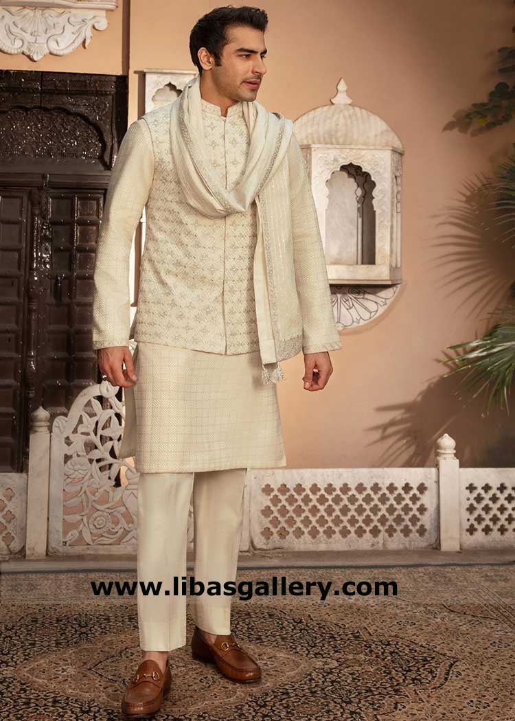 Men waistcoat embroidered by Resham and tilla thread, waistcoat with Karandi kurta Shalwar Glasgow California Sydney USA