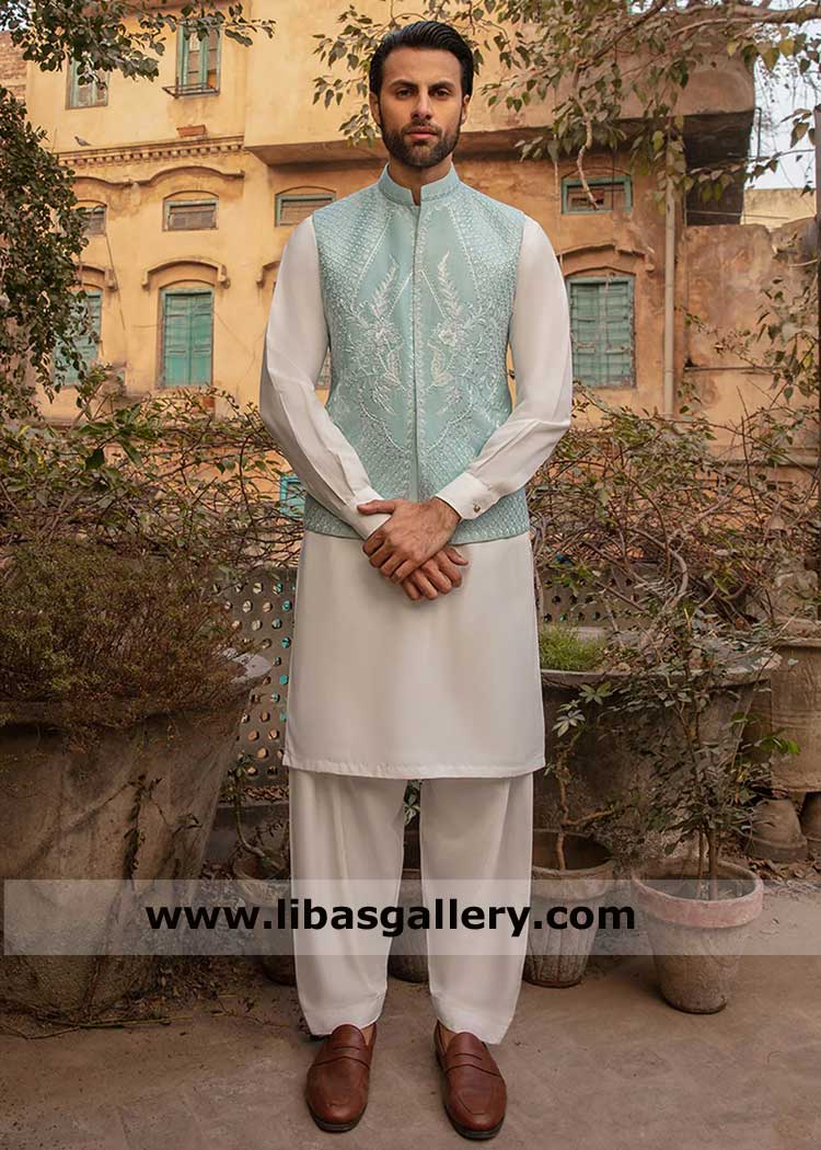 Ice Blue Exquisite Embroidered waistcoat suit for men