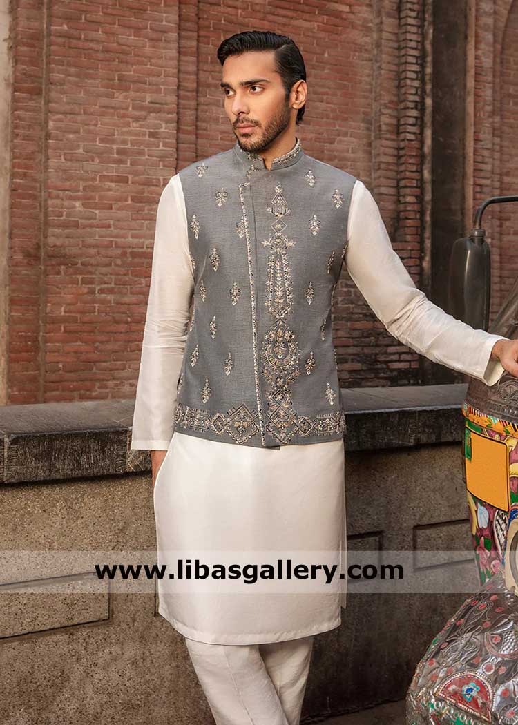 Embellished Gray Men Festive Waistcoat Suit
