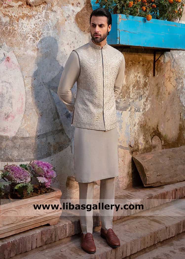 Oyster Gray Embroidered Festive Waistcoat for men