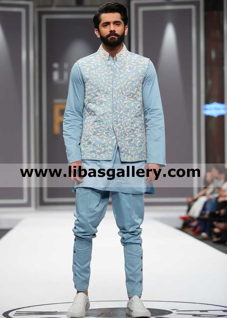 Big Collar Blue Embroidered waistcoat style for man