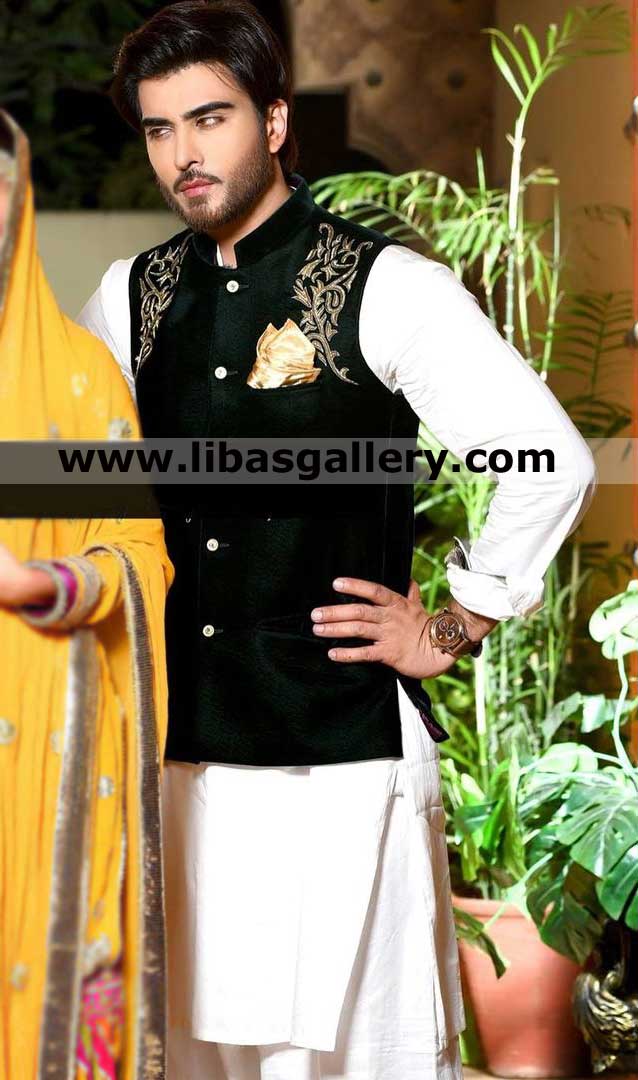 Embroidered Celebrity style dark green men waistcoat 