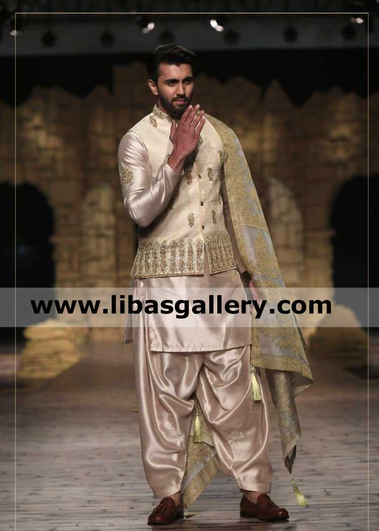 Gents light shade beautiful embroidered wedding sleeveless coat