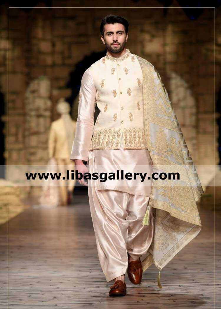 Gents light shade beautiful embroidered wedding sleeveless coat