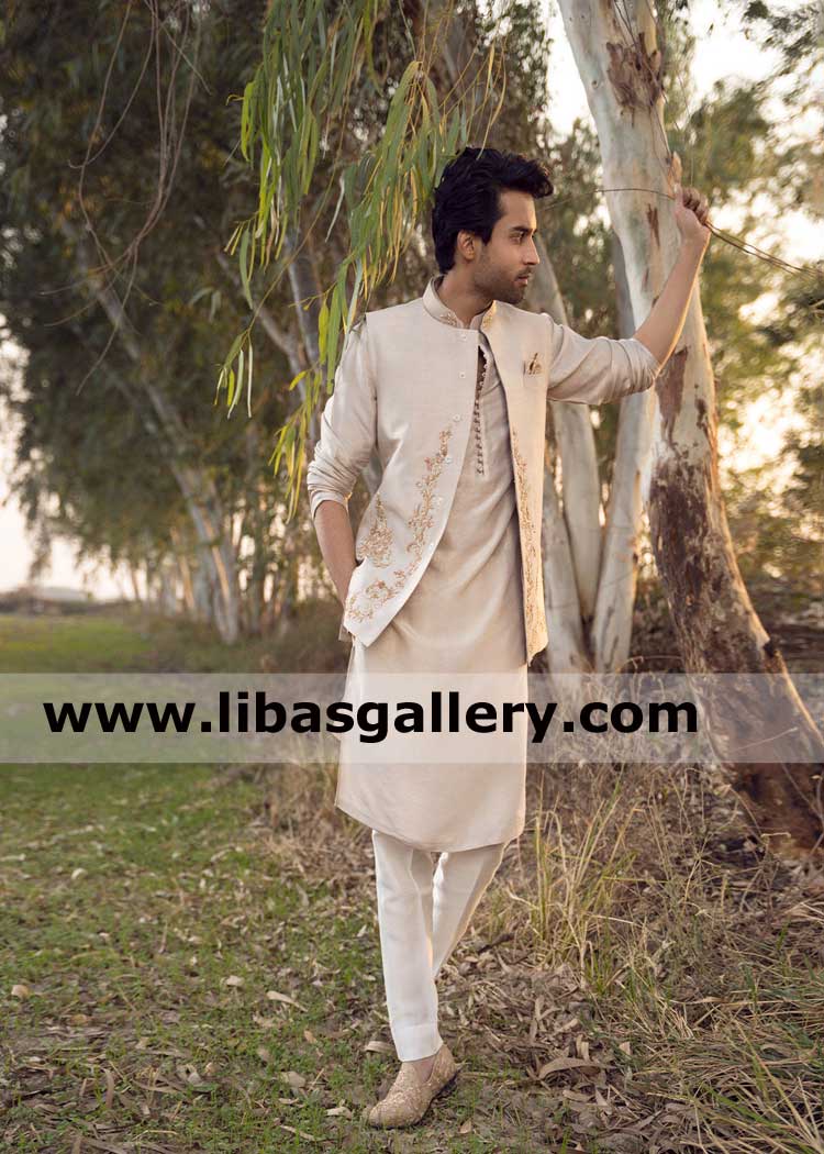 Neatly Raw silk structured male wedding waistcoat embellished with floral vines