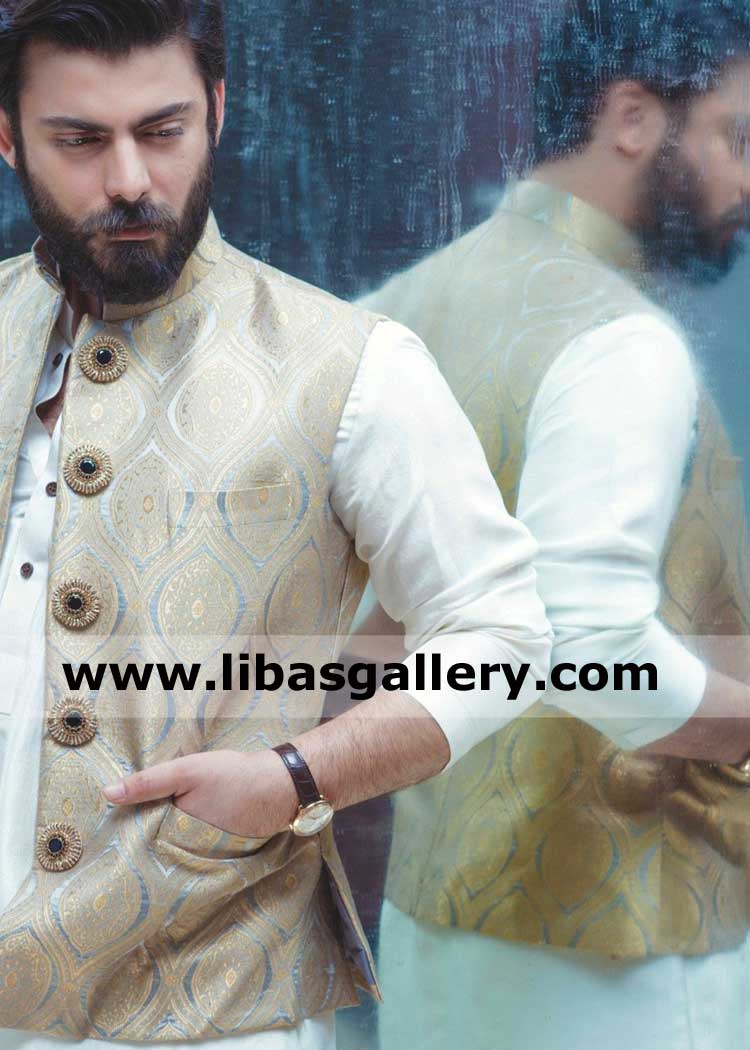 Luxurious brocade man waistcoat with gold and emerald embellished button