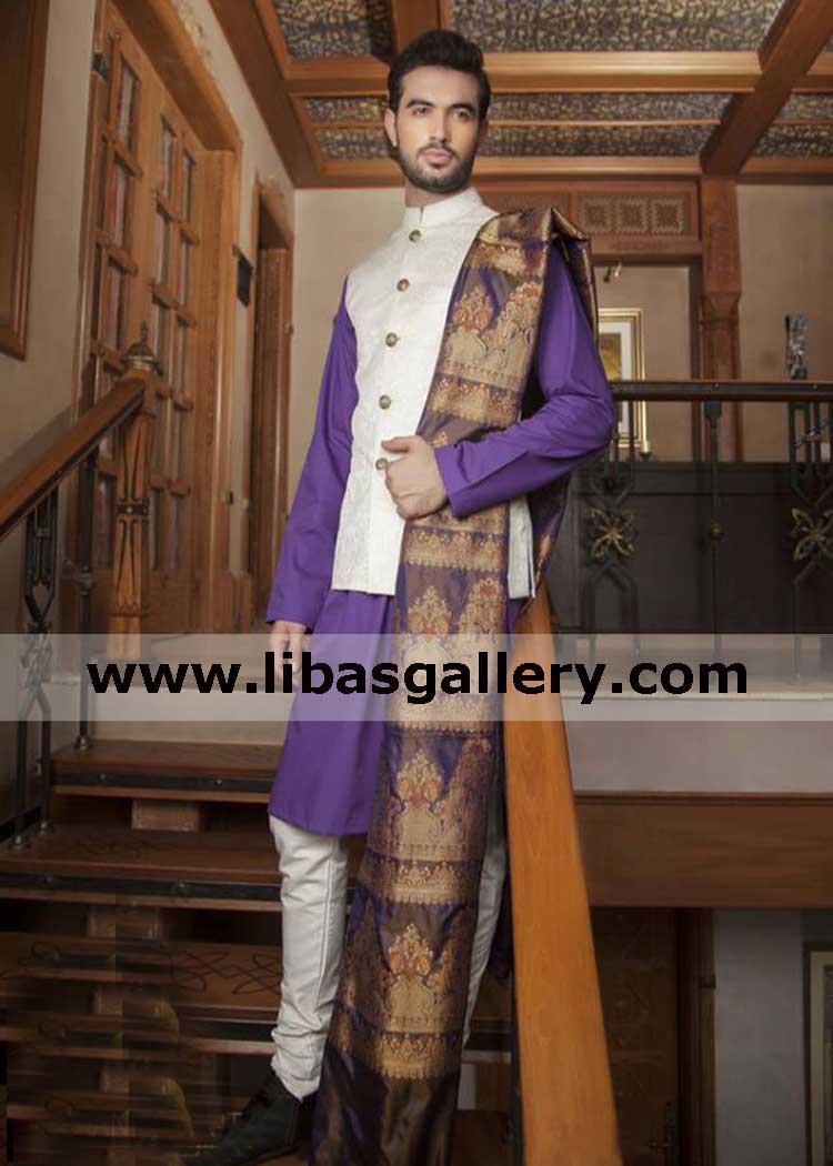 smart man standing on stairs in Jamawar white executive style waistcoat with purple kurta pajama pair shop online mens wear dubai france germany smart man standing on stairs in Jamawar white executive style waistcoat with purple kurta pajama pair shop online mens wear dubai france germany