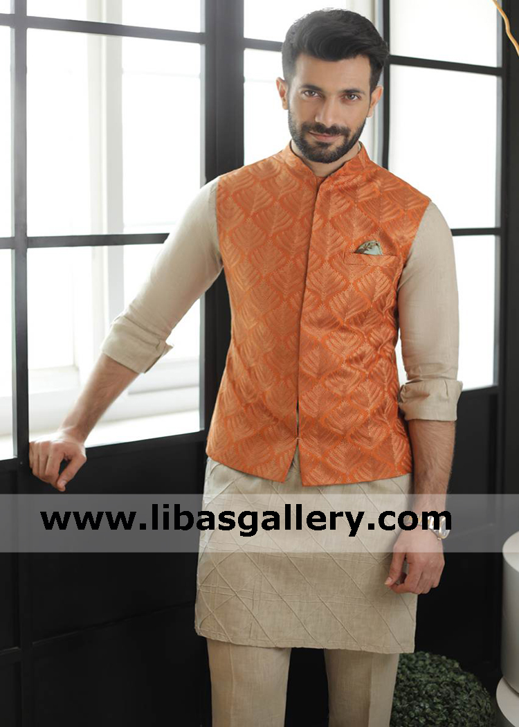 Raw Silk Rust Waist Coat With Kurta and trousers