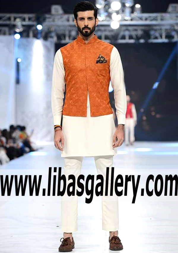 dark coral orange shade gents waistcoat article in high quality self jamawar fabric classic and slim fit stitching style toronto london new york