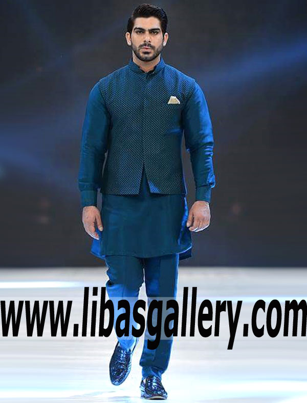Splendid Evening Wear Blue Mens Waistcoat for Eid