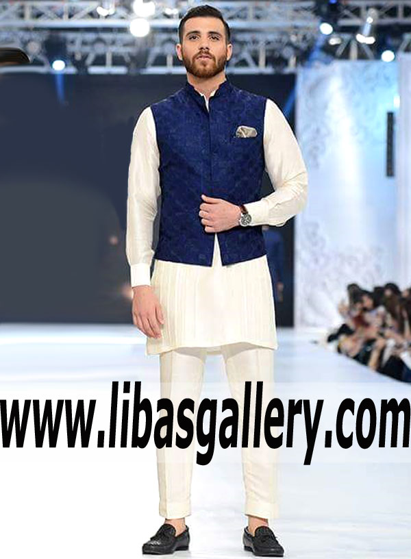 Graceful Self Jamawar Waistcoat with Kurta and Pajama for Eid
