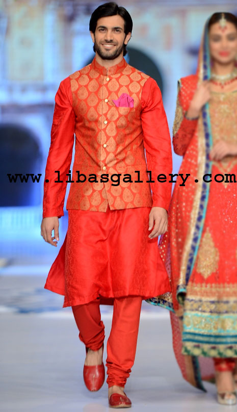 Orange Jamawar Waist Coat Style for Men