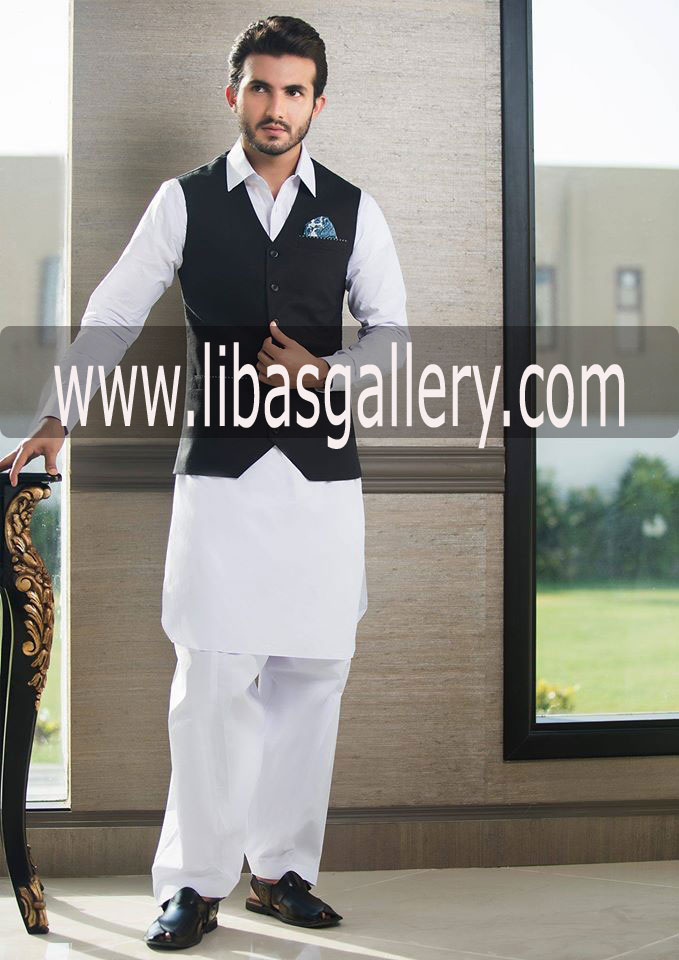 Black Designer Vest for Men with Kurta Shalwar