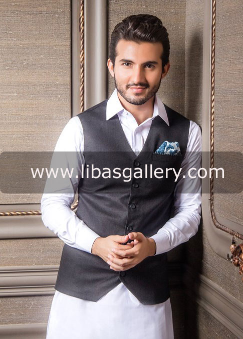 Black Designer Vest for Men with Kurta Shalwar