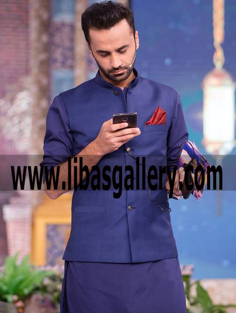 Sober and Simple men waist coat in blue color with monotone kurta shalwar suit order online vest with inner UK USA Canada Sober and Simple men waist coat in blue color with monotone kurta shalwar suit order online vest with inner UK USA Canada