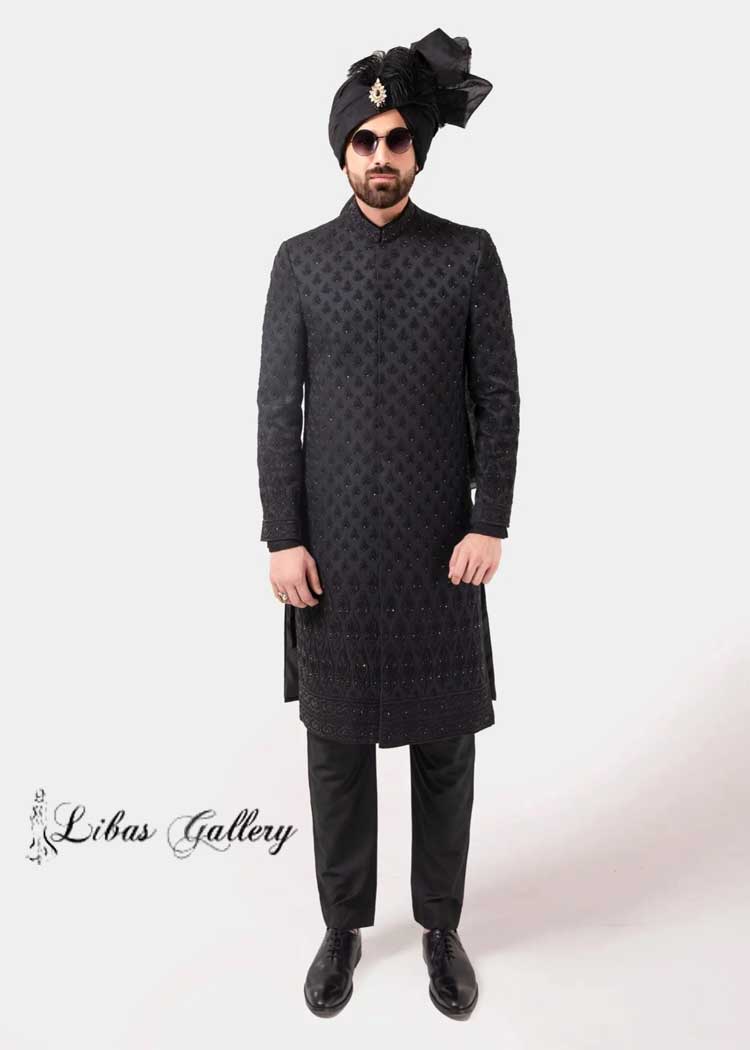 Heavy Embroidered Black Sherwani for Groom