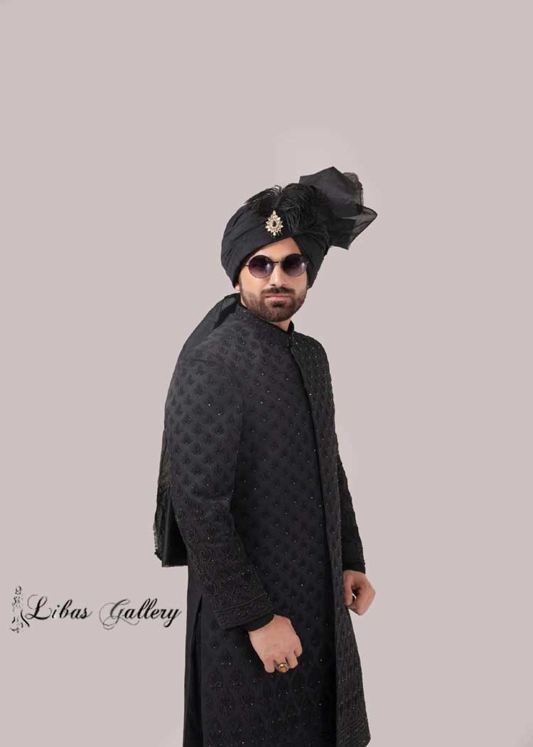 Heavy Embroidered Black Sherwani for Groom