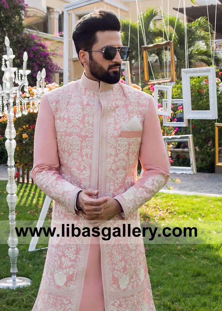 Richly embroidered baroque and floral patterned Wedding sherwani on peachy tone
