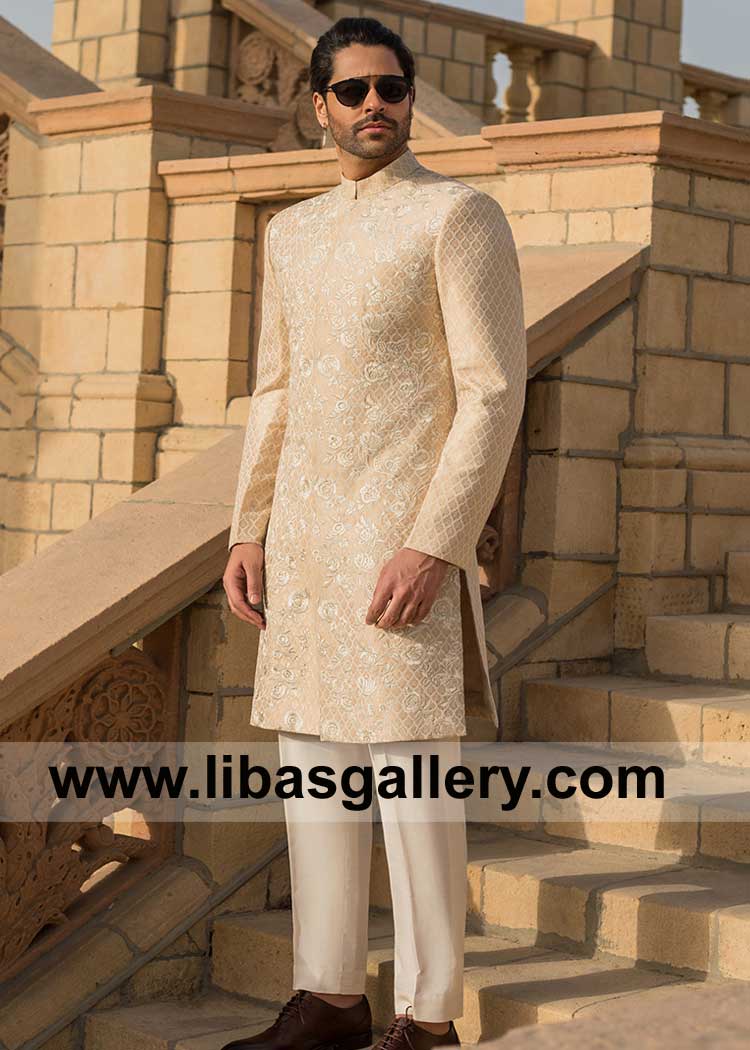 Heavily embroidered ivory sherwani Style