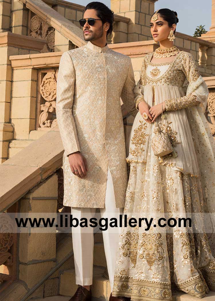 Heavily embroidered ivory sherwani Style