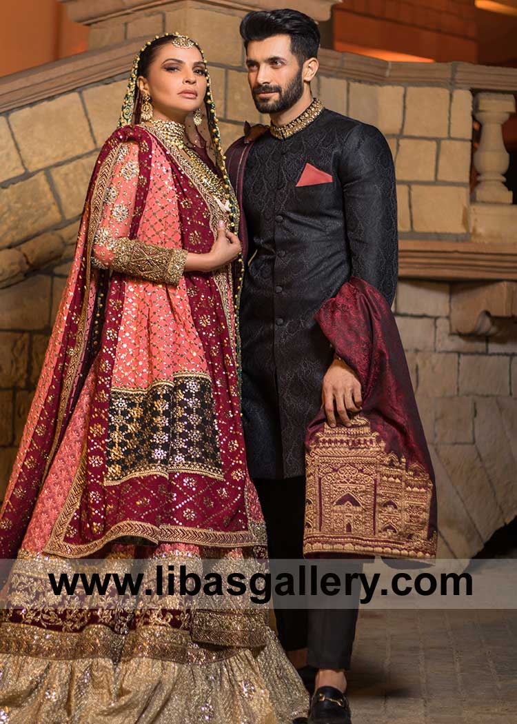 Black Gold Hand Embellished Wedding Sherwani