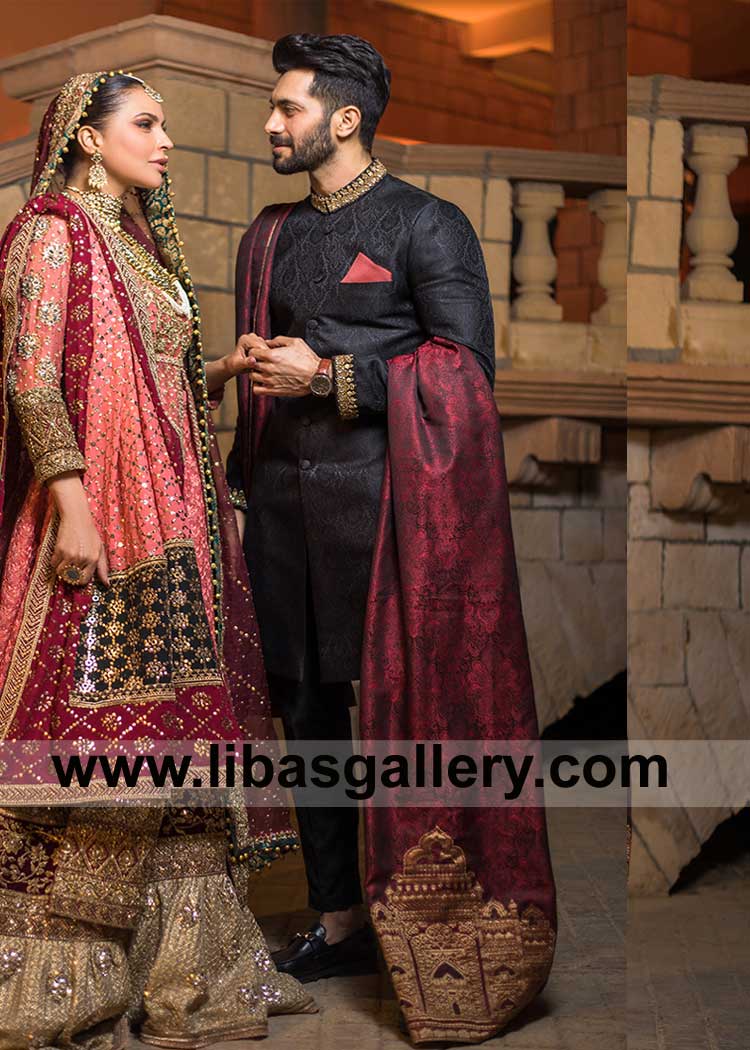 Black Gold Hand Embellished Wedding Sherwani