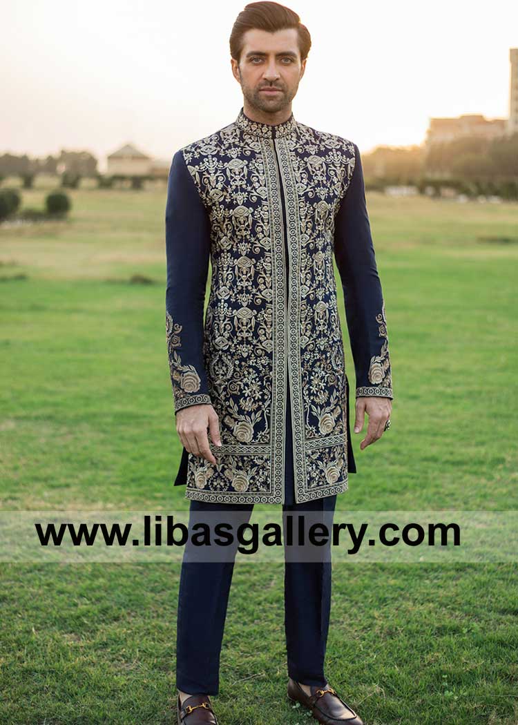 Navy Blue Embroidered Groom Wedding Sherwani Style