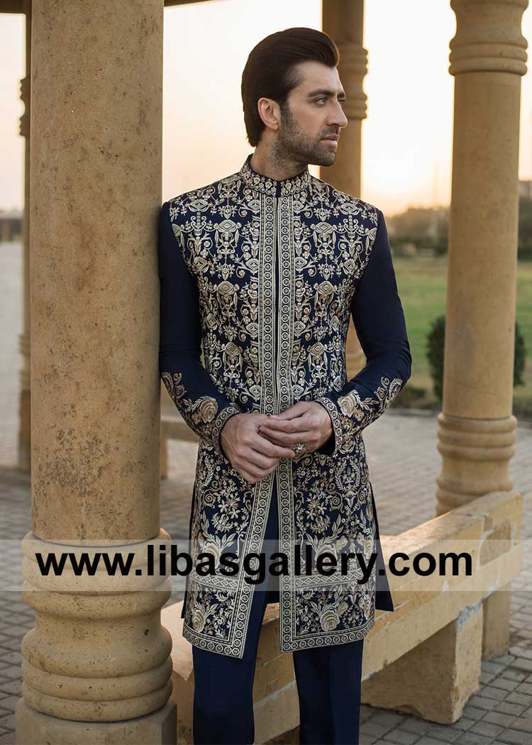 Navy Blue Embroidered Groom Wedding Sherwani Style