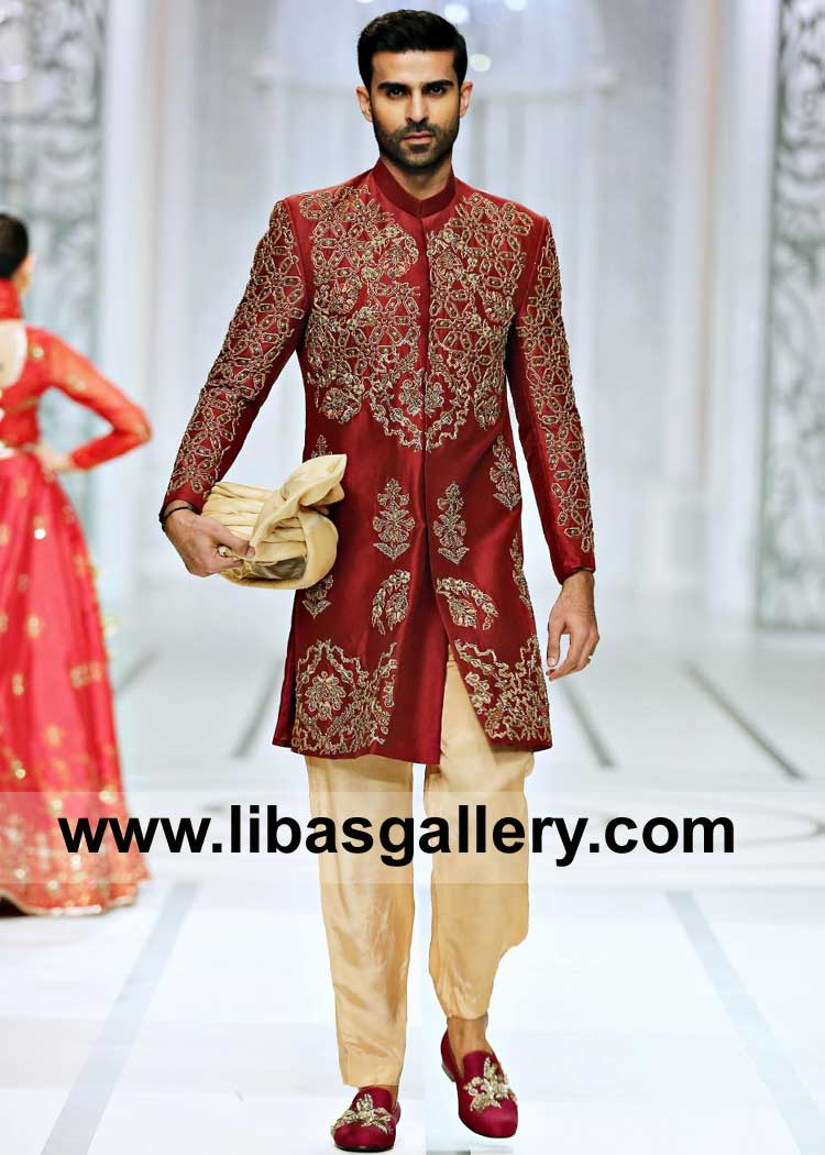 Deep Red Raw silk Antique Embellished Marriage Event Groom Sherwani