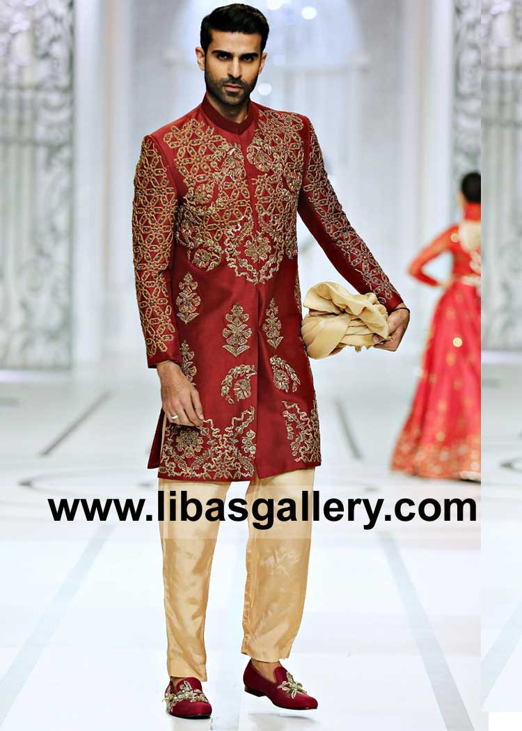 Deep Red Raw silk Antique Embellished Marriage Event Groom Sherwani