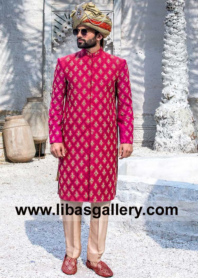 Groom Red Sherwani with Hand Embellished Motifs