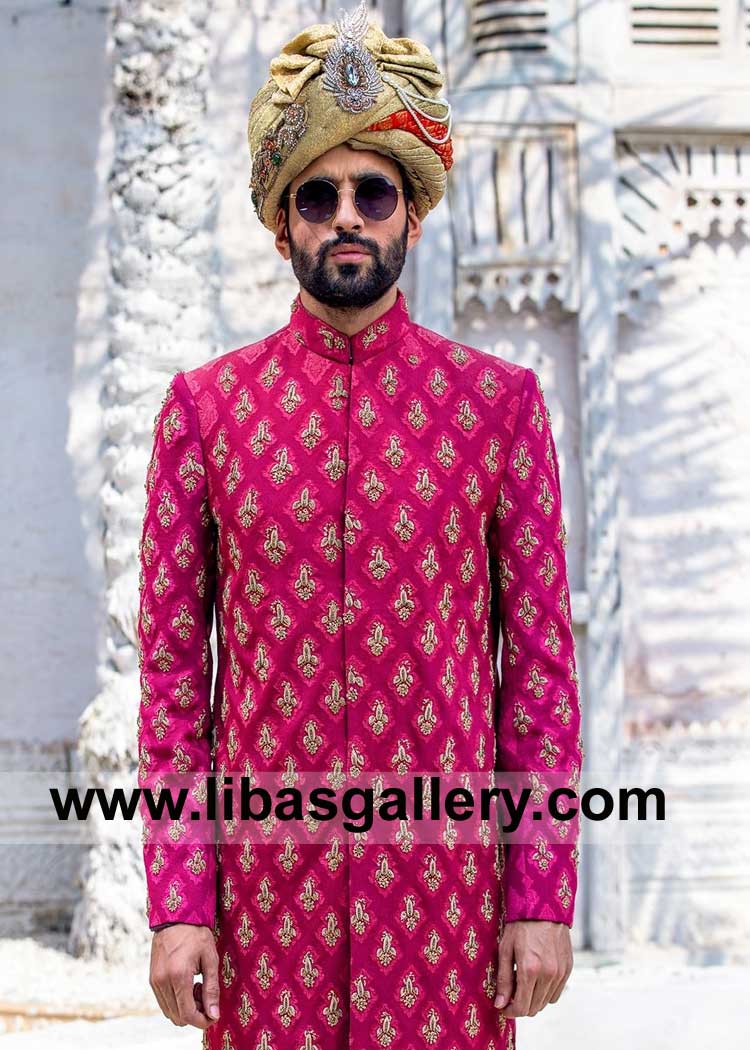 Groom Red Sherwani with Hand Embellished Motifs