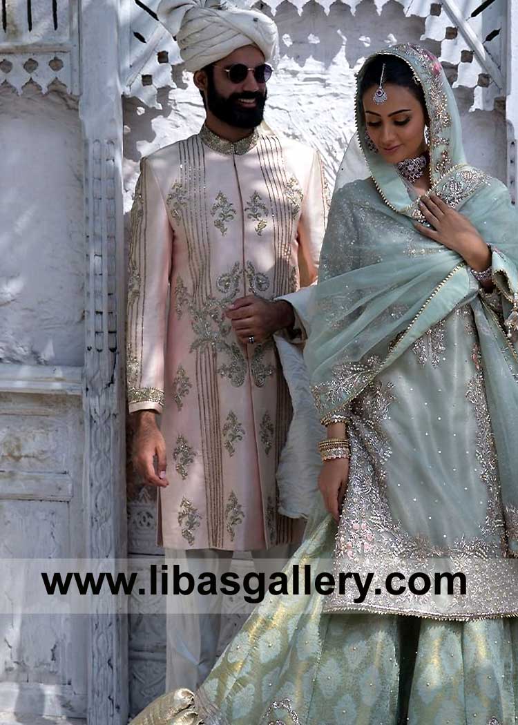Short length Embellished Peach Groom Wedding Sherwani Style