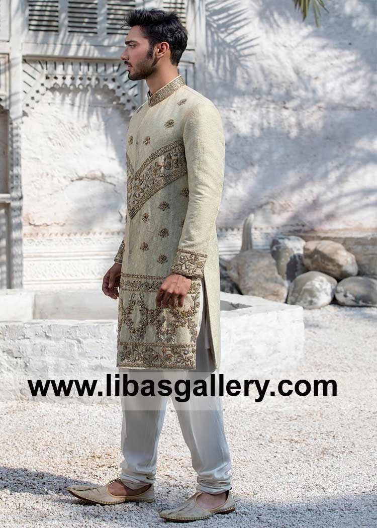 Pastel Mint Green Men Nikah Sherwani in Premium Fabric
