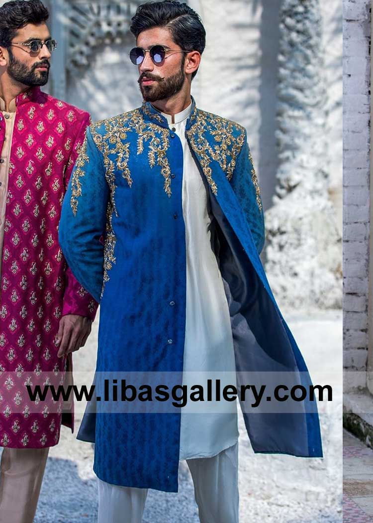 Bright Blue Men Wedding Sherwani Style Hand Embroidery on Karandi