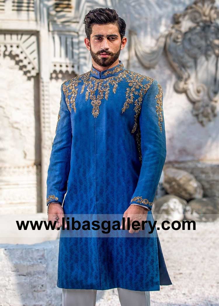 Bright Blue Men Wedding Sherwani Style Hand Embroidery on Karandi