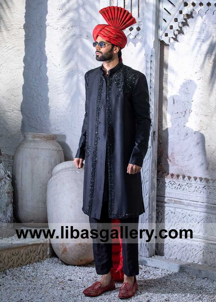 Hand Embellished Men Black Nikah Sherwani Style in Raw Silk