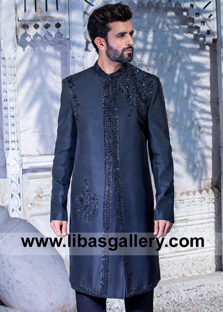 Hand Embellished Men Black Nikah Sherwani Style in Raw Silk