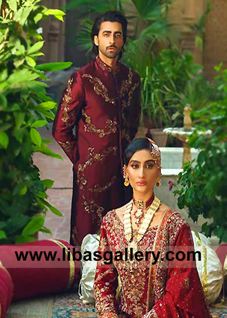 Maroon Red Men Sherwani with Rust Gold Tone Hand embellishment