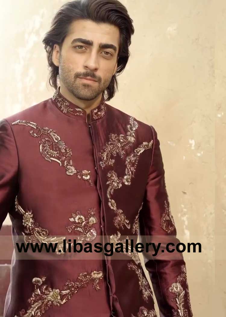 Maroon Red Men Sherwani with Rust Gold Tone Hand embellishment