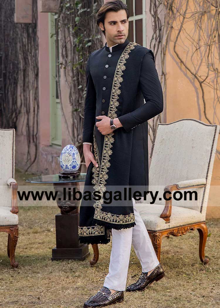 Black Stylish Men Sherwani in Tropical Suiting Fabric