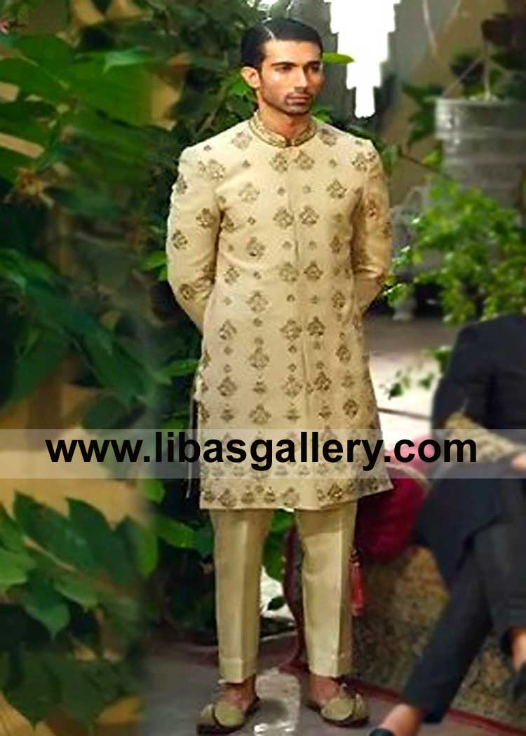 Beige Tones Rich Quality Men Nikah Occasion Sherwani Style