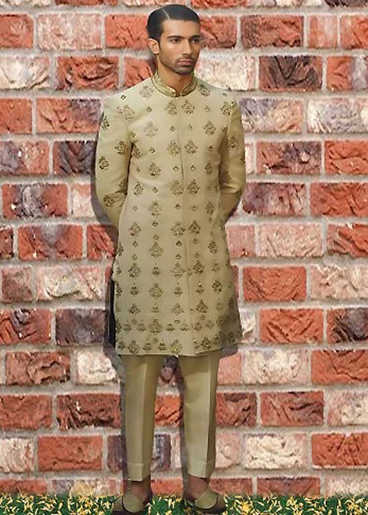 Beige Tones Rich Quality Men Nikah Occasion Sherwani Style