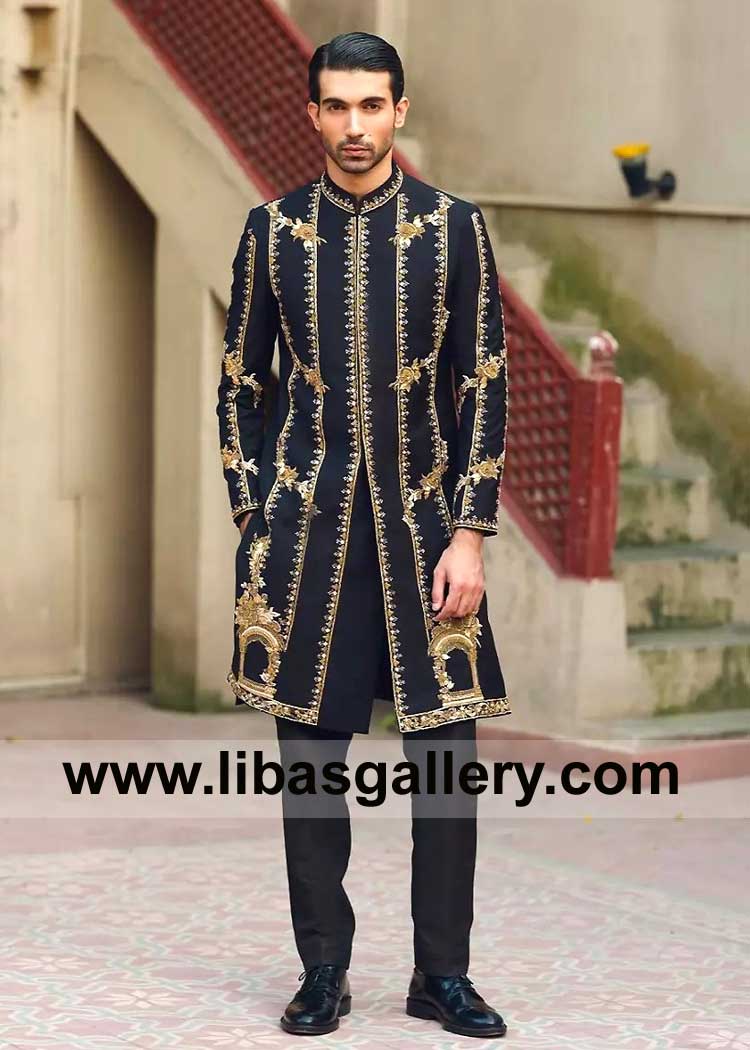 Black Sherwani for Men Nikah with Lavish Gold work
