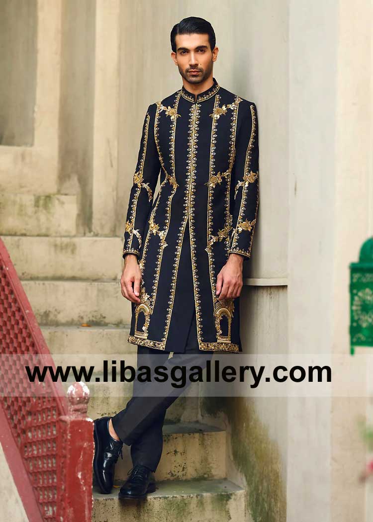 Black Sherwani for Men Nikah with Lavish Gold work