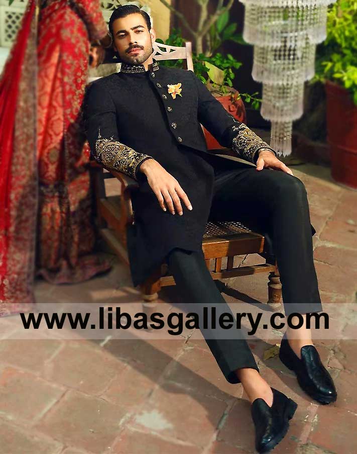 Real Majestic Black Sherwani in Self Jamawar with Gold intricate work for Nikah purpose paired with pants and embellished buttons UK USA Canada