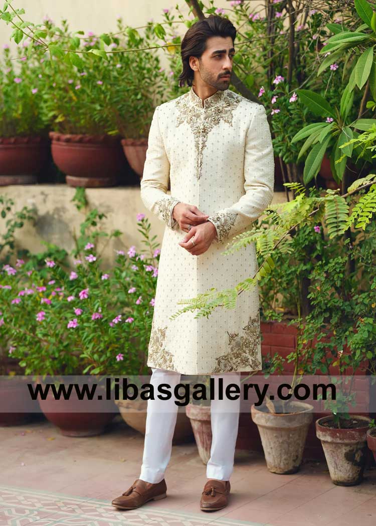 Off White Brilliant Bespoke Embellished Men Sherwani Style