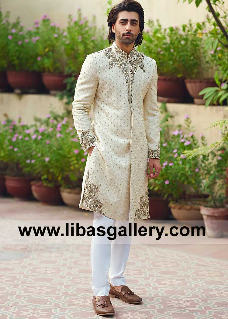 Off White Brilliant Bespoke Embellished Men Sherwani Style