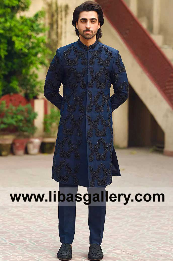 Dashing Navy blue Men sherwani with Black Embroidery Pattern